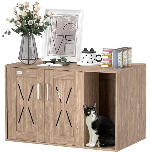 PawHut Meuble à litière 3 en 1 pour chats avec portes et tapis à gratter et compartiment pour salon, chambre, 80 x 48 x 50,5 cm, marron