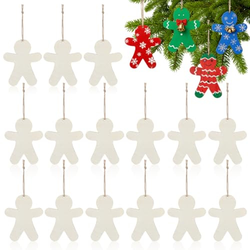 Healifty 20Pcs Wooden Gingerbread Man Cutouts Ornaments: Unfinished Wood Mini Slices Gingerbread Man with Ropes for Christmas Tree Hanging Decorations