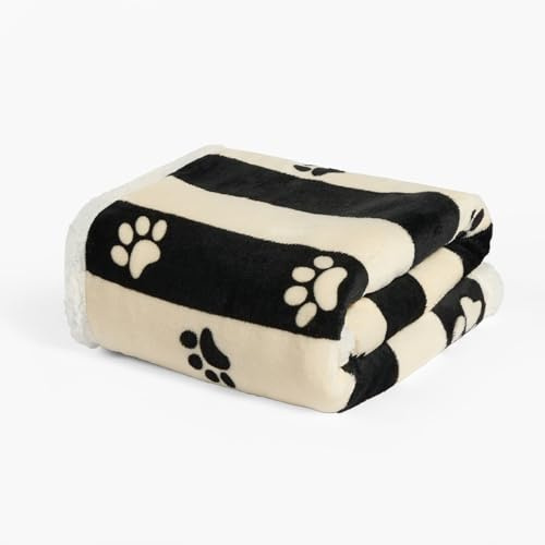 OHS Dog Blanket Stripe Paw Print Sherpa Fleece Blanket for Large Dogs Cat Super Soft Plush Dog Mat Washable Fluffy Reverse Throw for Bed Sofa Protection, Monochrome - 100 x 120cm