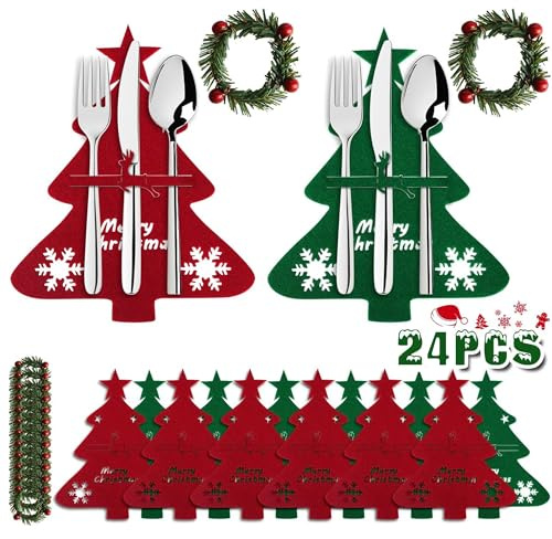 Weihnachtsbaum Bestecktasche, 24 Stücke Mini Weihnachtskränze, Bestecktasche Filz Weihnachten, Weihnachten Rot Tannenbaum Besteckbeutel für Messer Gabel Löffel Besteck Party Festliche Weihnachtsdeko