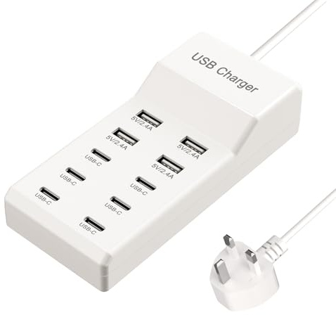 USB C Charger,10 Ports USB Charging Station with 6 USB-C, Desktop 50W Multiple Charger Compatible with iPhone 12/13/14/15/16/Samsung S24/S23/S22/S21/Tablet/Watch/Headphones