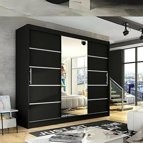 Agritrade AK Sliding Door Wardrobe with Mirror - Modern Bedroom Storage, Hanging Rails & Shelves, Durable Laminated Board, Smooth Sliding System - ASTON VI