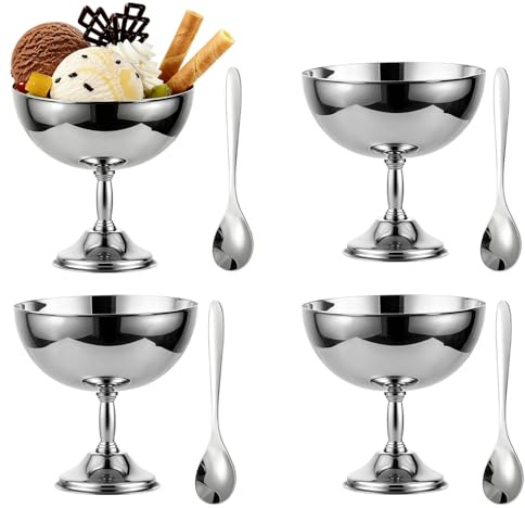 Tissting 4 Stück Eisbecher Edelstahl 270ml Ice Cream Cup Dessertschale | Wiederverwendbar Silberfarbener Eisbecher mit Löffel oder Gabel, Milchshake Becher für Dessert Gefrorener Joghurt Gelato