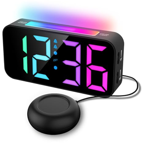 DOINEUFL Wecker für Schwerschläfer - Vibrationswecker mit Bettschütteler, 2 Alarme, 5-stufiger Dimmer, 8 RGB-Zeitfarben & Nachtlicht