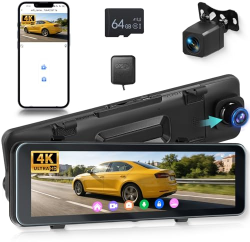 Hodozzy 4K+1080P Rückspiegel Dashcam Auto, GPS ADAS BSD WLAN & App, 10,88 Zoll Touchscreen Spiegel Dash Cam Vorne und Hinten mit Rückfahrkamera, Parkmodus, G-Sensor, Loop, Nachtsicht, 64GB TF Karte