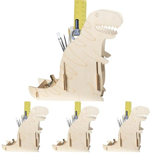 Pebaro 477/3 Holzbausatz Laser Cut Stiftehalter Dinosaurier, 3D Puzzle, Basteln mit Holz, Holzpuzzle, vorgestanzte Holzplatte, inkl. Schmirgelpapier, ausbrechen, zusammenstecken, fertig, Geschenkidee