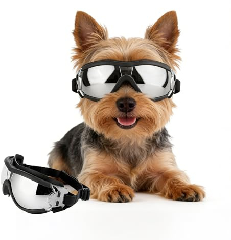 PETLESO Hundebrille für Kleiner Hunde Anti-UV Winddicht Hunde Motorradbrille mit Einstellbar Gummiband, Hundesonnenbrille für Kleine Rassen-Silber, S