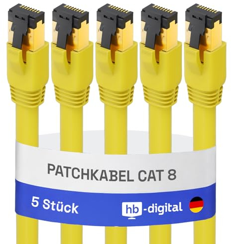 HB-DIGITAL 5 Stück 0,25m CAT 8 LAN Kabel Netzwerkkabel Patchkabel AWG 24 S/FTP LSZH 40Gbps 2000MHz - GHMT Zertifiziert - reines Kupfer mit vergoldete RJ45 Stecker für Switch, Router, Modem, PC - Gelb