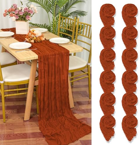 12 Stück Seihtuch Tischläufer Terrakotta,55x300cm Rostfarbene Rustikaler Gaze Stoff Boho Tischläufer Käsetuch Cheesecloth Tischläufer Hochzeit Tischdecke für Hochzeitsfeier Brautparty Tischdekoration