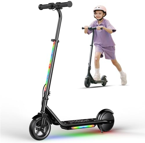 E Scooter Kinder 6-12 Jahre | 150W Motor, 5/10/16km/h, Verstellbare Höhe 82-102 cm, Kinder E-Roller mit Schwingarm-Federung, 6-6,5 Reifen, Bunte Regenbogenlichter, LED Display, bis zu 7-9 km