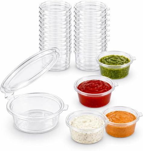 1ABOVE 100 Pack Clear Plastic Sauce Pots with Hinged Lids – Small Disposable Deli Containers for Takeaway, Chutney, Ketchup, Sauces & Dressings (100, 1oz)