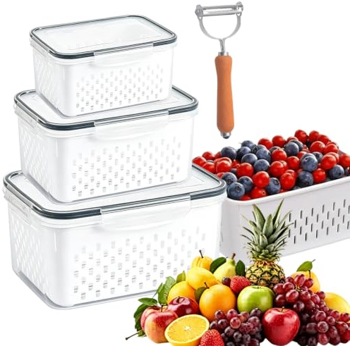 Food Storage Containers for Fridge with Removable Colander, Stackable Fruit Storage Containers for Fridge with Drain Baskets Lids, Refrigerator Organizer- Keeping Food Fresh Longer (3 Pack,Grey)