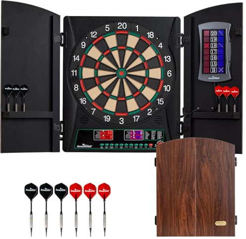 Arachnid CricketMaxx 1.0: 13.5” recreation size with wood cabinet. Features 34 games, 183 variations, 8-player LED X/O scoring, and Heckler mode. Integrated storage for darts and accessories