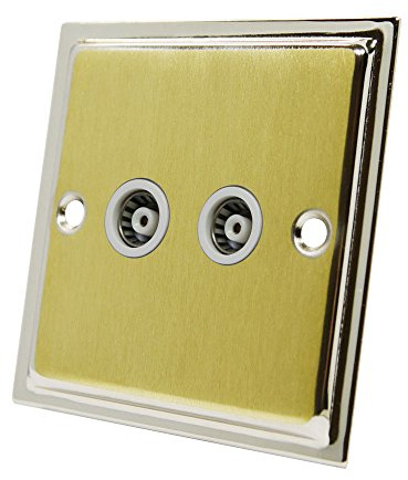 Slimline Duo Satin Brass Polished Chrome 2 Gang TV Socket White Insert - 2 Gang Aerial Coaxial Female Socket