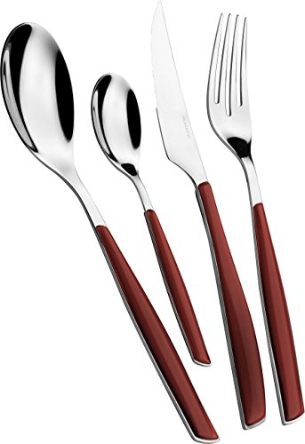 Cubertería BUGATTI, Glamour, 24 piezas en acero inoxidable 18/10 y mango color MARSALA. Juego de cubiertos para 6 personas compuesto por 6 cucharas, 6 tenedores, 6 cuchillos y 6 cucharas de café
