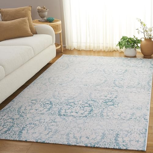 SAFAVIEH Passion Collection Accent Rug - 4' x 5'7, Turquoise & Ivory, Vintage Distressed Design, Non-Shedding & Easy Care, Ideal for High Traffic Areas in Entryway, Living Room, Bedroom (PAS403B)