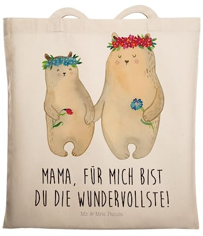 Mr. & Mrs. Panda Tragetasche Bären mit Blumenkranz - Geschenk, Vatertag, Stoffbeutel, Umhängetasche, Familie, Lieblingsmensch, Muttertag, Mama,