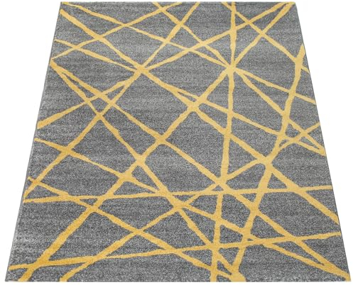 Paco Home Teppich Wohnzimmer Muster Gestreift Modern Kurzflor Abstrakt Linien In Gelb Grau, Grösse:60x100 cm