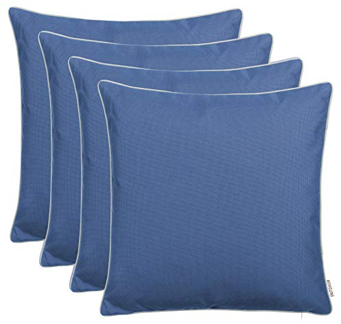Brandsseller 4er Set Outdoor Kissen 45x45 cm – Wetterfeste Zierkissen mit Paspel – Wasserabweisende Gartenkissen & Dekokissen für draußen – Sofakissen für Balkon & Terrasse – Blau
