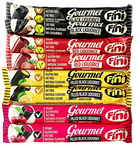 Fini Gourmet Regaliz Pack Personalizable (Negro, Fresa, Negro relleno de Limón y Negro relleno de Cereza barritas de 32 g envueltas) en caja regalo atracom.es