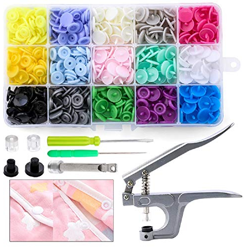 Moguxb - Kit de botones a presión T5, 12 mm, botones a presión de plástico de 15 colores, 150 unidades, con herramientas, pinza de metal, para ropa Bibs Diapers DIY (Pinces para T3, T5, T8)