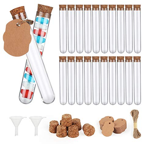 100 Pcs Plastic Test Tubes with Cork Stoppers 16ml,Clear Test Bottle Transparent Sealing 100pcs Elevator+20m hemp rope+2pcs Funnel,for DIY Craft Spices Liquids Candy