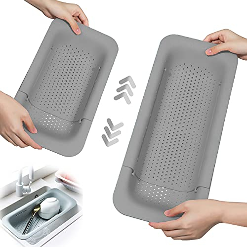 Over the Sink Colanders, Kitchen Sink Fruit Strainer Basket, Extendable Sink Colander for Wash Drain Cooked Pasta, Veggies and Dry Dishes (Gray)