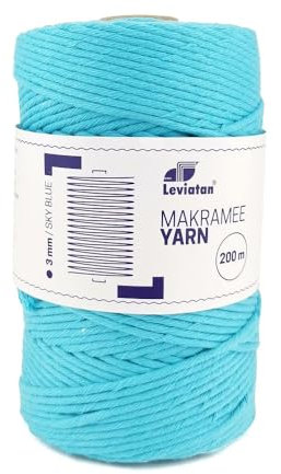 LEVIATAN - Natürliches Makramee Garn | 200m | Superweiche Schnur | 3mm Einfache Drehung | 100% Baumwolle | Perfekt für Basteln | Himmelblau