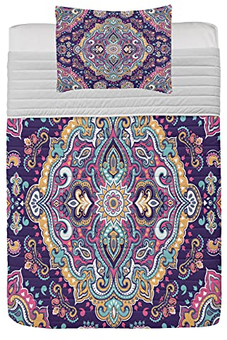 ABAKUHAUS Ethnisch Mikrofaser Tagesdecken Set, Boho Bunte, weiches Bettwäscheset mit Kissenbezügen und Steppdecke, 170 cm x 220 cm, Aubergine