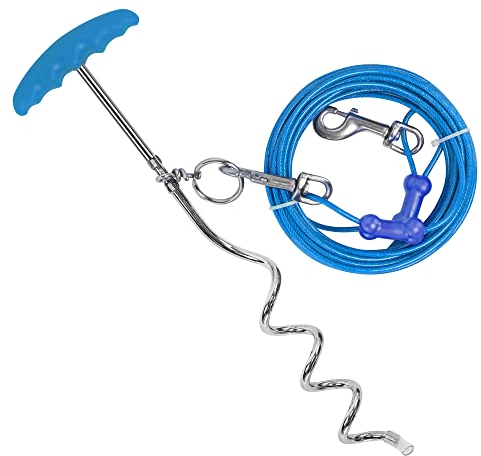 Petphabt Câble d'arrimage robuste pour chien avec piquet en spirale de 40,6 cm (3 m, bleu sarcelle)