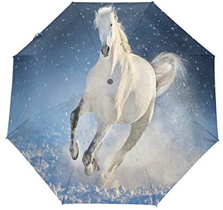 Weißes Pferd Regenschirm Automatik Auf-Zu Taschenschirm Umbrella Kompakt Schirme für Jungen Mädchen Strand Frauen