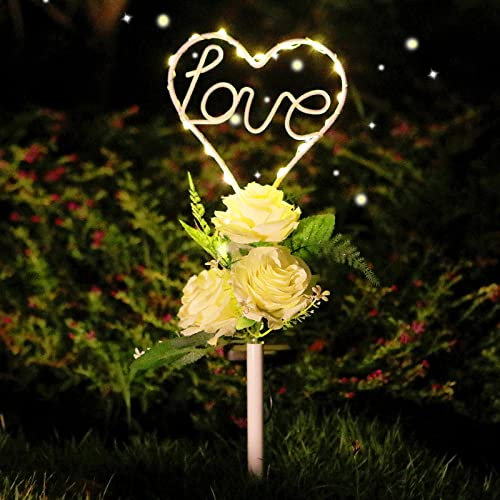 Joyathome 16 Inch Solar Heart Garden Stake Lights with 3 Artificial Flowers Metal Garden Art for Patio Lawn Garden Decor Solar Outdoor Love Sign for Gravesites Memorial and Ideal Gifts for Loved Ones
