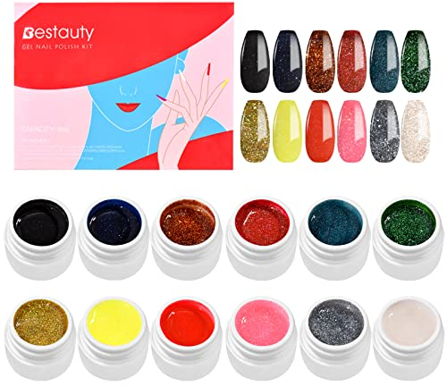 Bestauty UV Gel Nagellack, 12 Farben Glitter Gel Nagellack Set für Gelnägel Nail Art Nagelstudio Sets mit Weihnachten Bestauty Geschenkbox Maniküre Set DIY zu Hause Salon