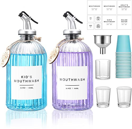 Glass Mouthwash Dispenser, 2 Pack 16.9oz Glass Bottles with Pour Spouts, 2 Reusable Glass Cups, 21 Paper Cups with Holder, Funnel and Labels, Refillable Mouthwash Bottles Container with Wooden Tag