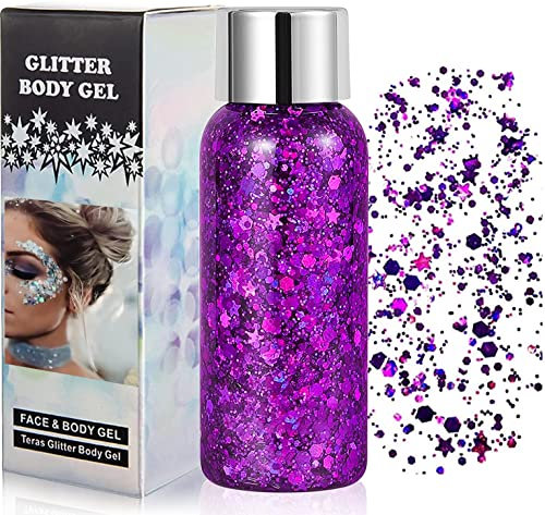 Glitzer Gesicht Body Glitter Gel, Meerjungfrau Glitzer Make Up, Festival Glitzers Gesicht Gel, Schminke Karneval für Festival, Musikfestivals, Party, Masquerade, Body/Face/Haare/Lippen (Purple)