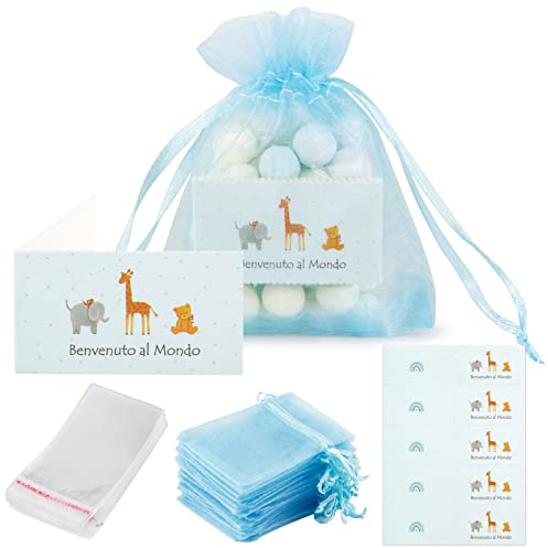 Sacchetti Nascita Bomboniere Blu 50pz Bigliettini Benvenuto al Mondo Portaconfetti 100pz Palstica Regalo Addobbi Decorazioni Battesimo Feste Bambino Bimbo