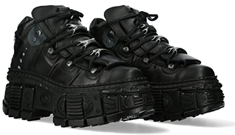 NEW ROCK TANK Unisex Sole Lace Up Boots Black Leather/Unisex Black Boots Leather Shoelaces M.WALL106-S12, Black/White, 8.5 UK