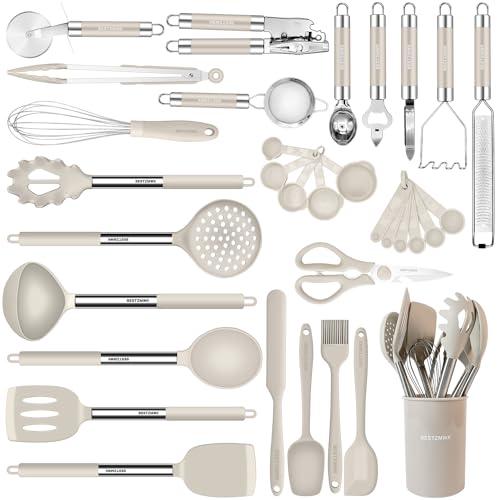 Juego de utensilios de cocina, utensilios de cocina de silicona, 33 piezas, antiadherentes, juego de espátulas con soporte, los mejores utensilios de cocina con mango de acero inoxidable (caqui)