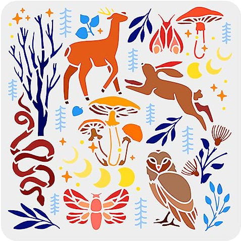FINGERINSPIRE Zauberwald Schablone 30x30 cm Kunststoff Waldtiere Malschablone Eule Hirsch Kaninchen Schlange Motte Zeichenvorlage Pilz Gras Blume Mond Sterne Malschablone Heimdekoration