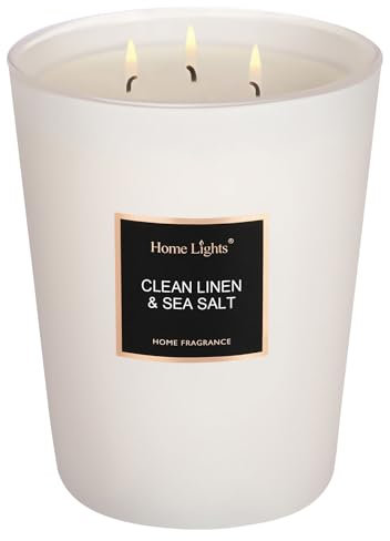 HomeLights Duftkerzen, 944 g, großes Glas, natürliche Soja-Kerzen, 3 Baumwolldochte, rauchfrei, langlebig, 130 Stunden, Aromatherapie-Kerze, Geschenk für Frauen und Männer (Clean Linen & Meersalz)