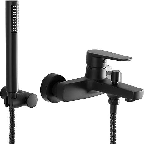 Miscelatore per vasca bagno con deviatore nero opaco in ottone, kit doccia con supporto e laccio 150 cm, serie ERIKA