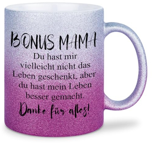 glitzertassen.de® | Bonus Mama | Tasse mit Glitzer | Geschenkidee | Muttertag | Liebe | Mama Geschenk | Kaffeetasse | lustige Sprüche | Silberviolett