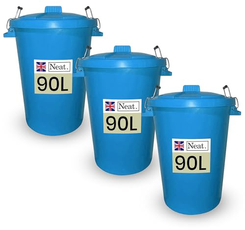 Neat. 90L Large Plastic Bins, Heavy Duty Kitchen Bin with Metal Handle, Dustbin with Lid for Easy Refusal, Sky Blue-3Pack