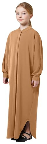 FYMNSI Muslim Dress for Girls, Eid Dresses for Girls, Islamic Kids Prayer Outfits Button Down Henley Shirt Maxi Long Abaya One-Piece Kaftan Ramadan Robe Middle East Dubai Clothes Khaki 11-12 Years