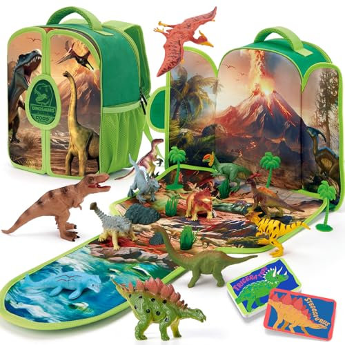 COCO&Friends Dinosaurier Spielzeug für Kinder 3 4 5 6 Jahre Junge, Geburtstagen Weihnachten Geschenk Spielzeug, 12 Dinosaurier Statuen und Lernkarten,Tragbarer Rucksack mit Faltbarer 3D-Spielmatte