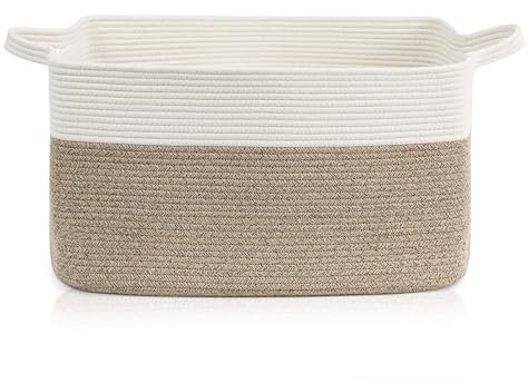 Large Storage Baskets, XXXL Foldable Woven Basket with Handle for Baby Clothes Toy Blanket Bedding Towel, Washing Basket for Living Room Bedroom Bathroom Organisation 55*38*30 CM (White & Brown)