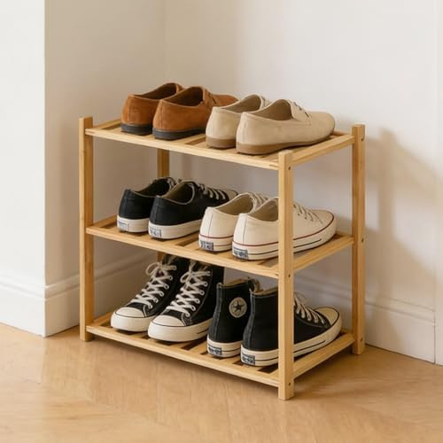 Akloya Kleines Schuhregal, Mehrzweck-Schuhregal mit 3 Ebenen, kleine Bambusregale für Schuhe, Pflanzen, Bücher, Wohnzimmer, Flur, Schlafzimmer, Badezimmer (3 Tier)
