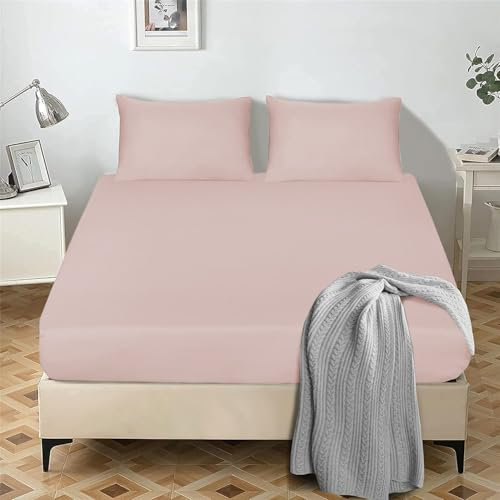 My home store Fitted Sheet 25 cm Deep Brushed Microfiber Ultra Soft No-Iron Wrinkle-Resistant Plain Dyed Fitted Bed Sheets Hypoallergenic Breathable Sheets (Blush, King)