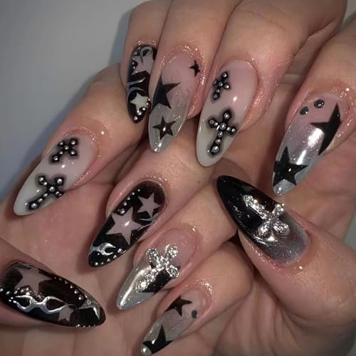 MouyouGlow Press on Nails Kurz,Almond Schwarz Nude Stern 3D Crystal Cross Charms Chrome Y2K Gothic Coquette Fake Nails mit Nagelkleber, Star Silber Tips Künstliche Fingernägel