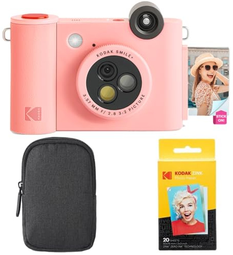 Kodak Smile+ 2-in-1 Digitale Sofortbildkamera & Bluetooth Fotodrucker Starterpaket + Tragetasche + Zink 20 Blatt - Rosa